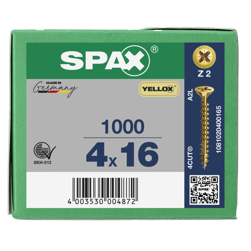 SPAX 4x16mm YELLOX Screw | Flat CSK | PZ2 | 1000 Pack